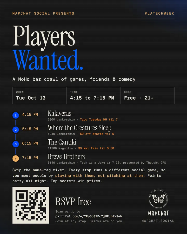 Players Wanted: a NoHo Bar Crawl of Games, Friends & Comedy #LATechWeek